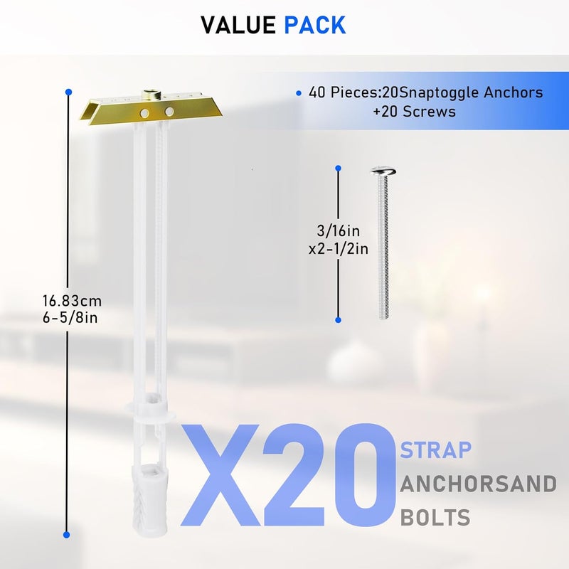 PRLF Drywall Anchor with Included Bolts for 3/16”-24, Heavy Duty Hollow Drywall Anchors for TV Mounting Kit, Stainless Steel Hollow Wall Anchors Holds up to 240lbs Each in 1/2” Drywall (Pack of 20) - Image 2